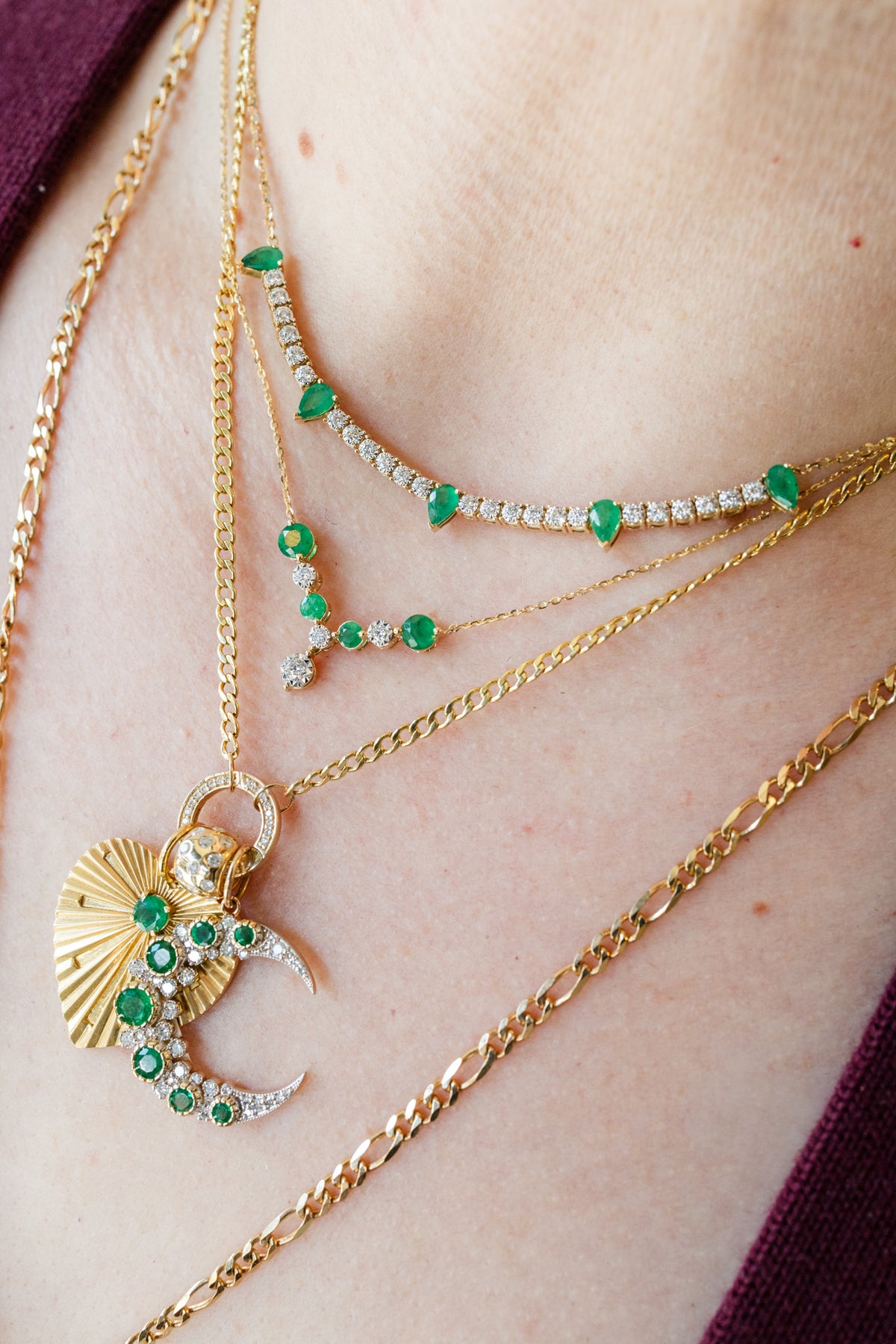 Mini 14K Gold Pear Emerald Diamond Tennis Necklace