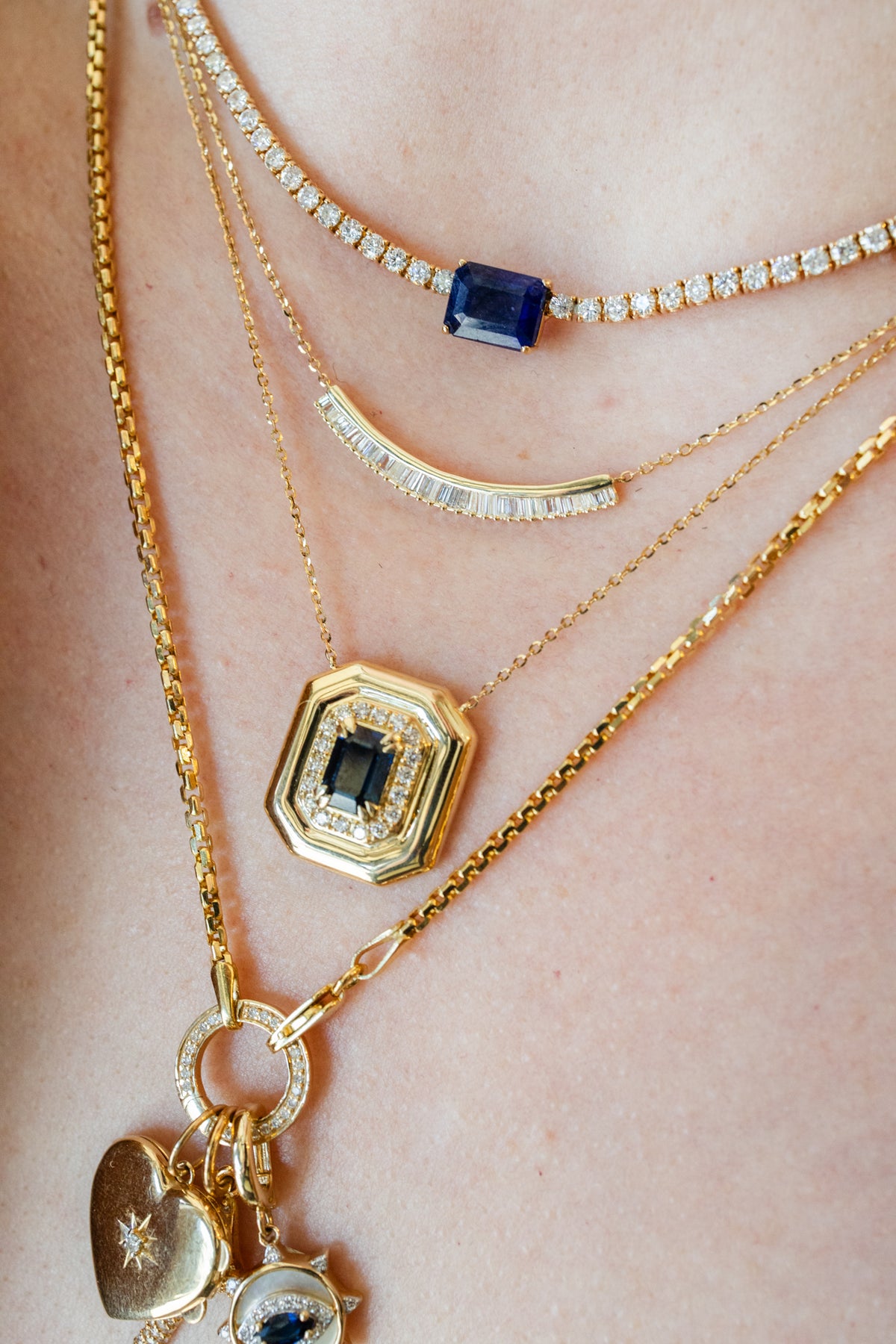 14K Gold Diamond Square Blue Sapphire Necklace