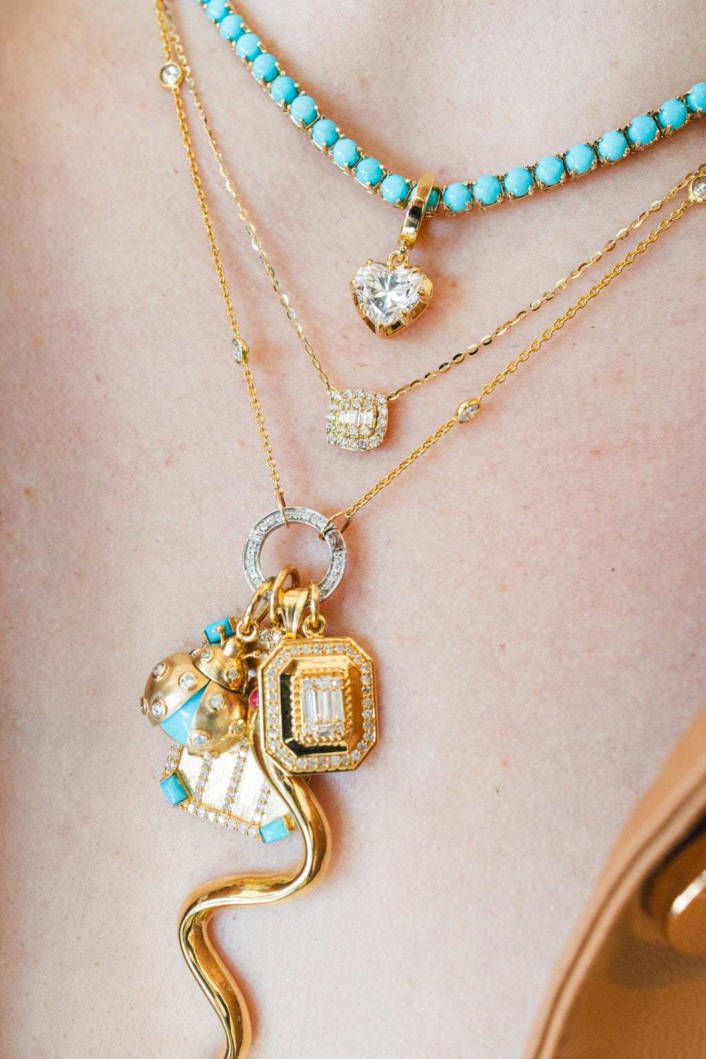 14K Gold Pave Framed Baguette Diamond Square Necklace