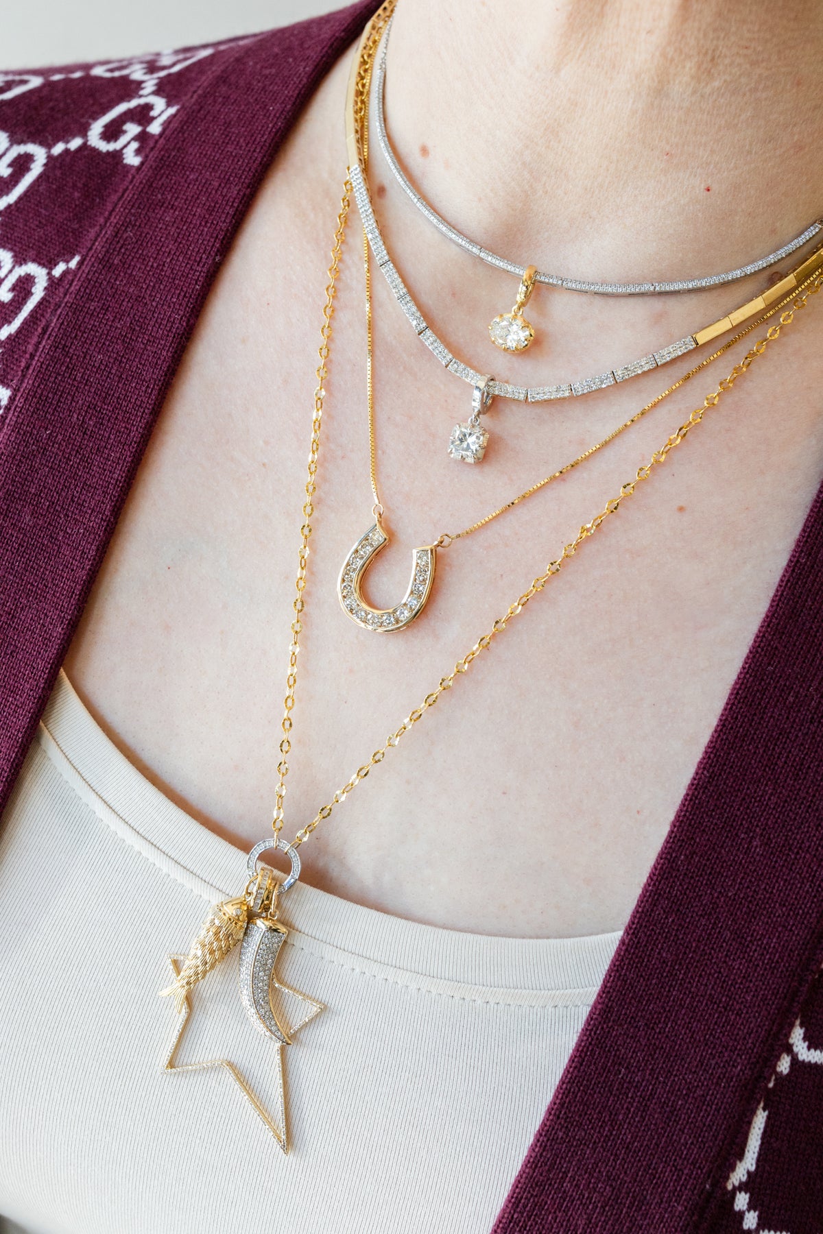 14K Gold Diamond Horseshoe Box Chain Necklace