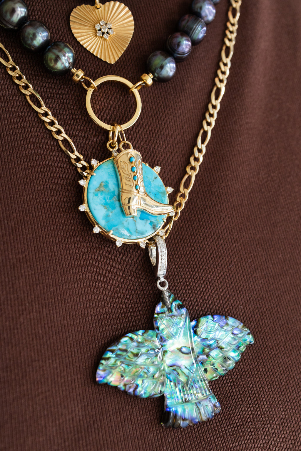 XL Carved Abalone Thunderbird Silver Diamond Charm