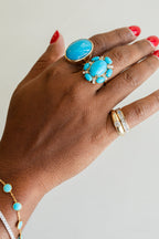 14K Gold Blue Turquoise Floral Cocktail Ring