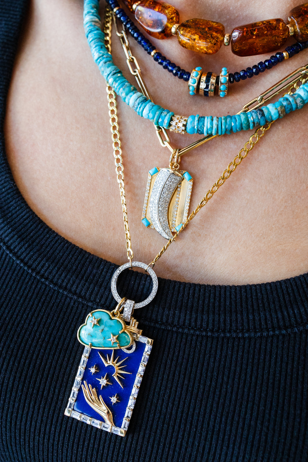14K Gold Zig Zag Diamond Spacer Arizona Turquoise Necklace