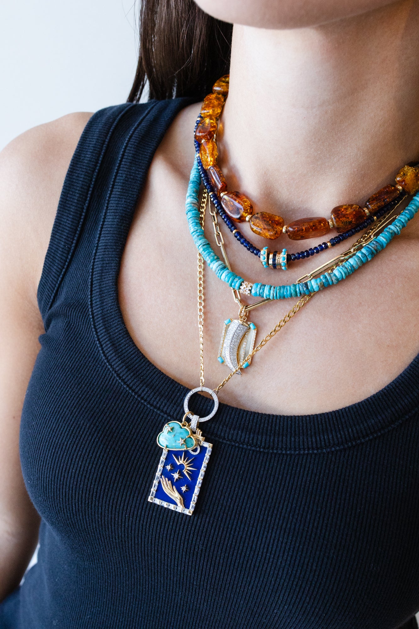 14K Gold Zig Zag Diamond Spacer Arizona Turquoise Necklace
