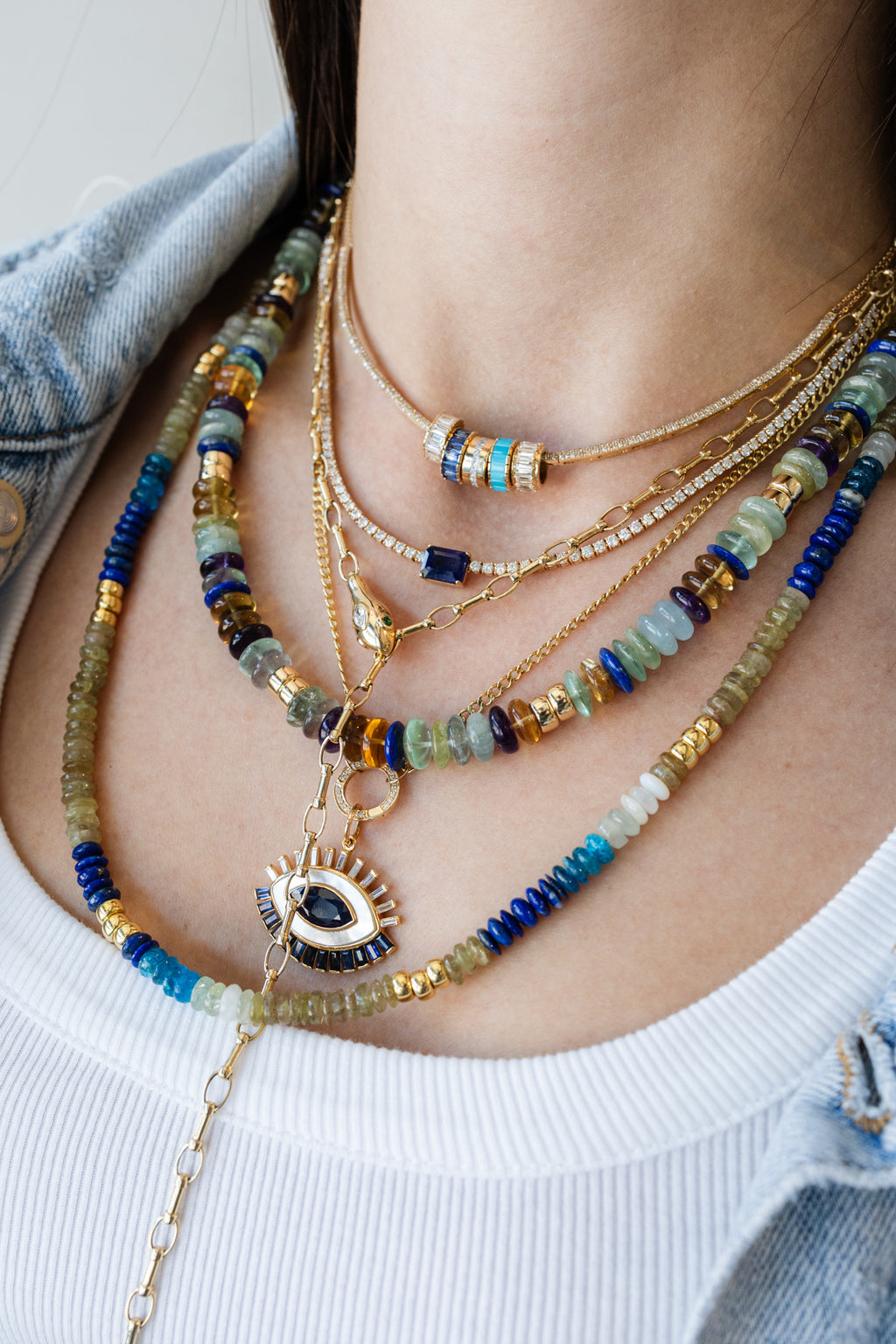 18" Moody Aqua Mix Gemstone Duo Rondelle Necklace