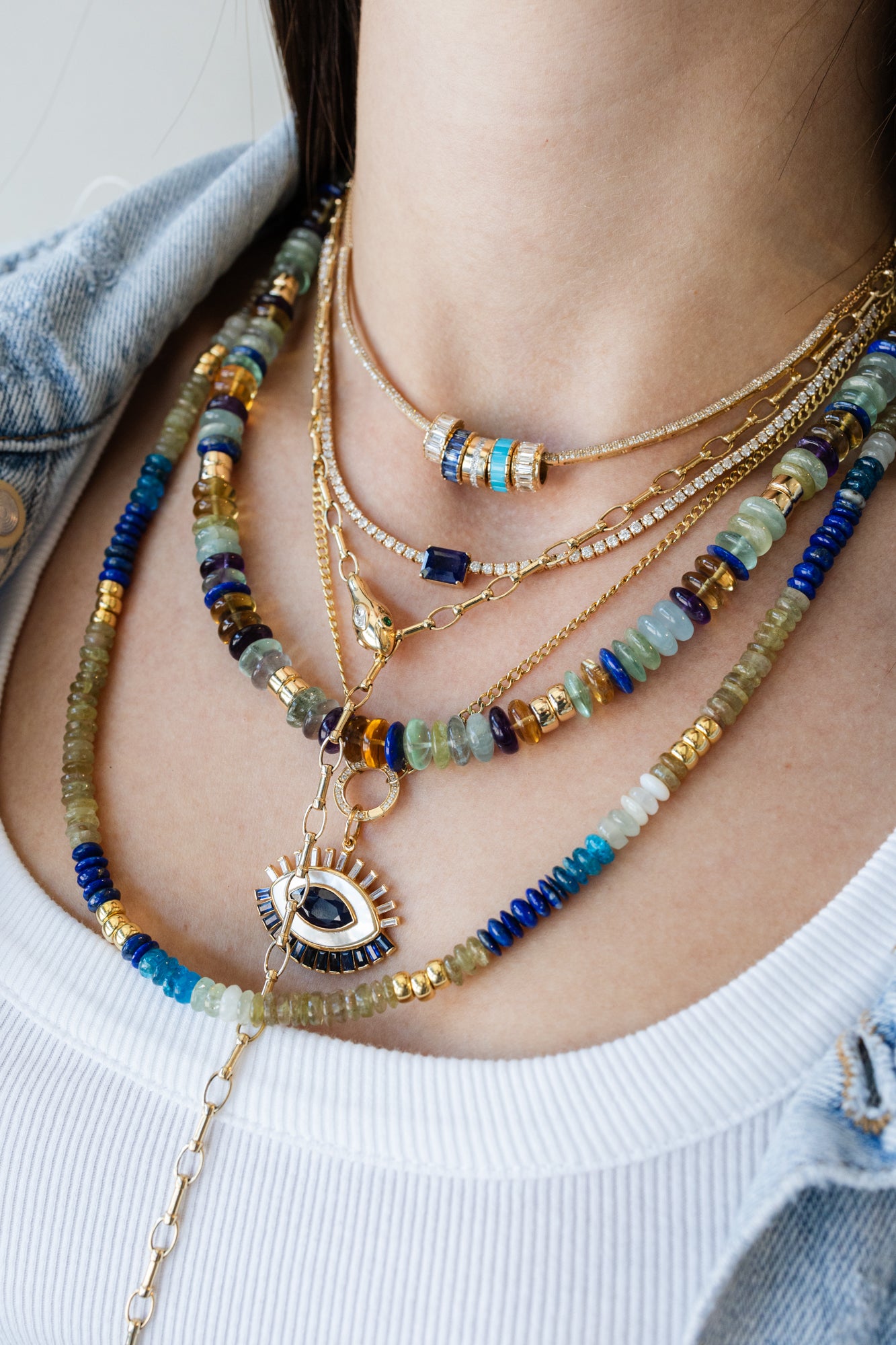 20" Multi Agate Lapis Mix Triple Rondelle Necklace