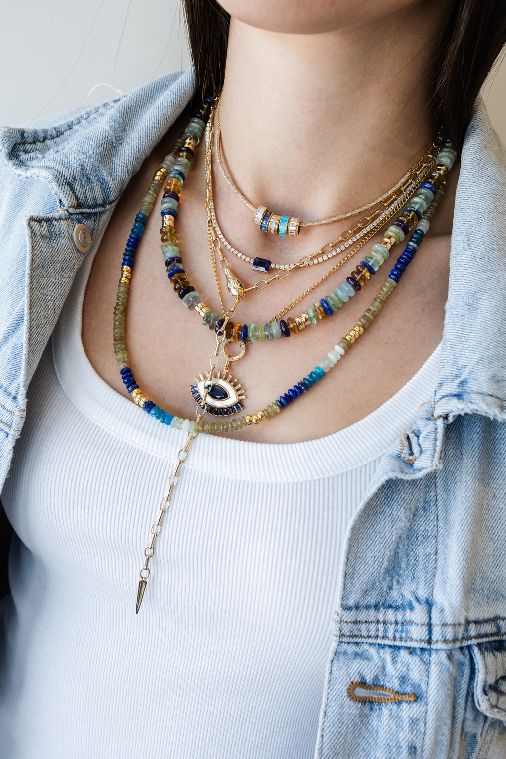 20" Multi Agate Lapis Mix Triple Rondelle Necklace