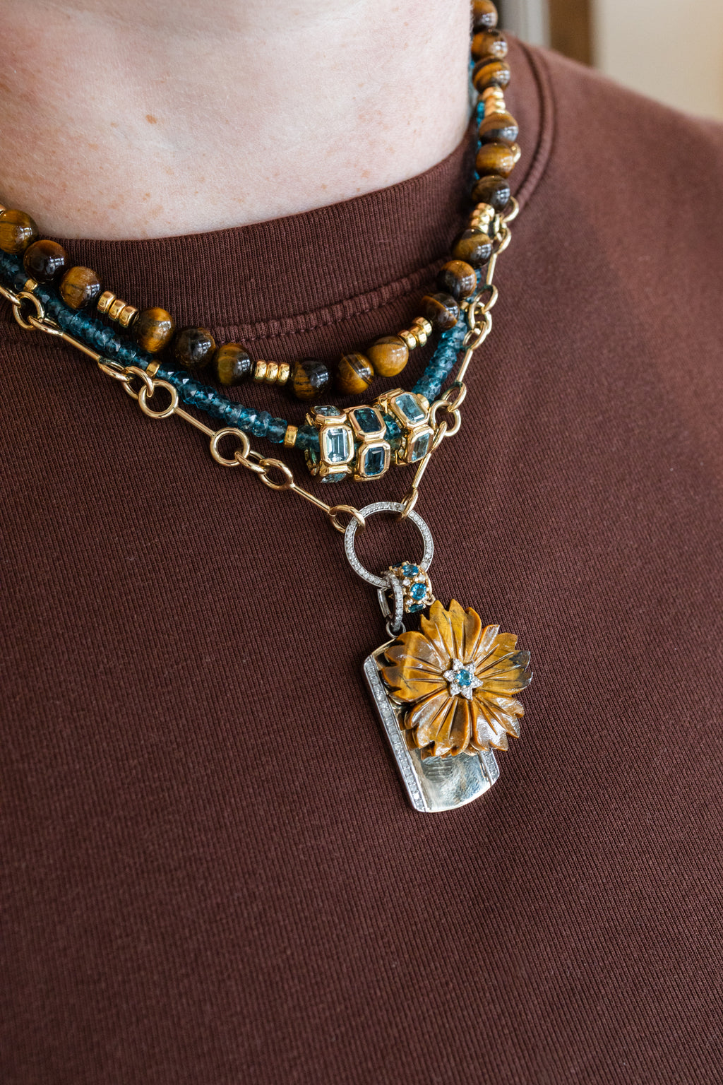 14K Gold Carved Tiger's Eye Topaz Flower Charm
