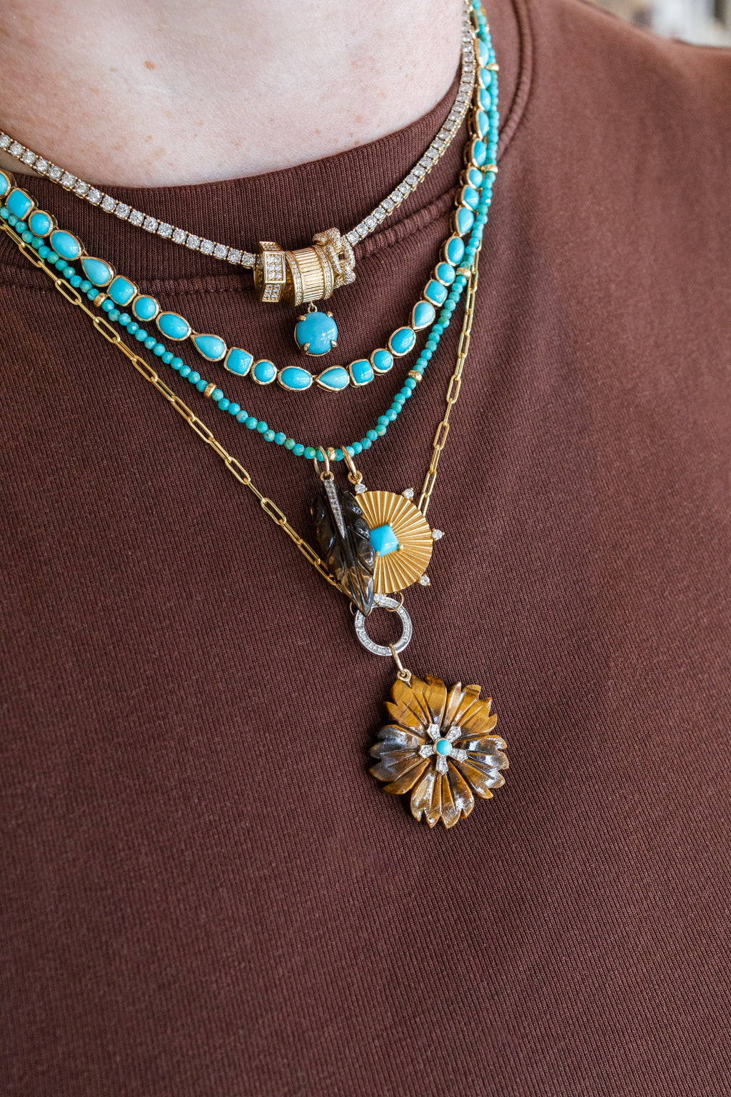 14K Gold Carved Tiger's Eye Turquoise Flower Charm