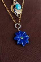 14K Gold Carved Lapis Emerald Flower Charm