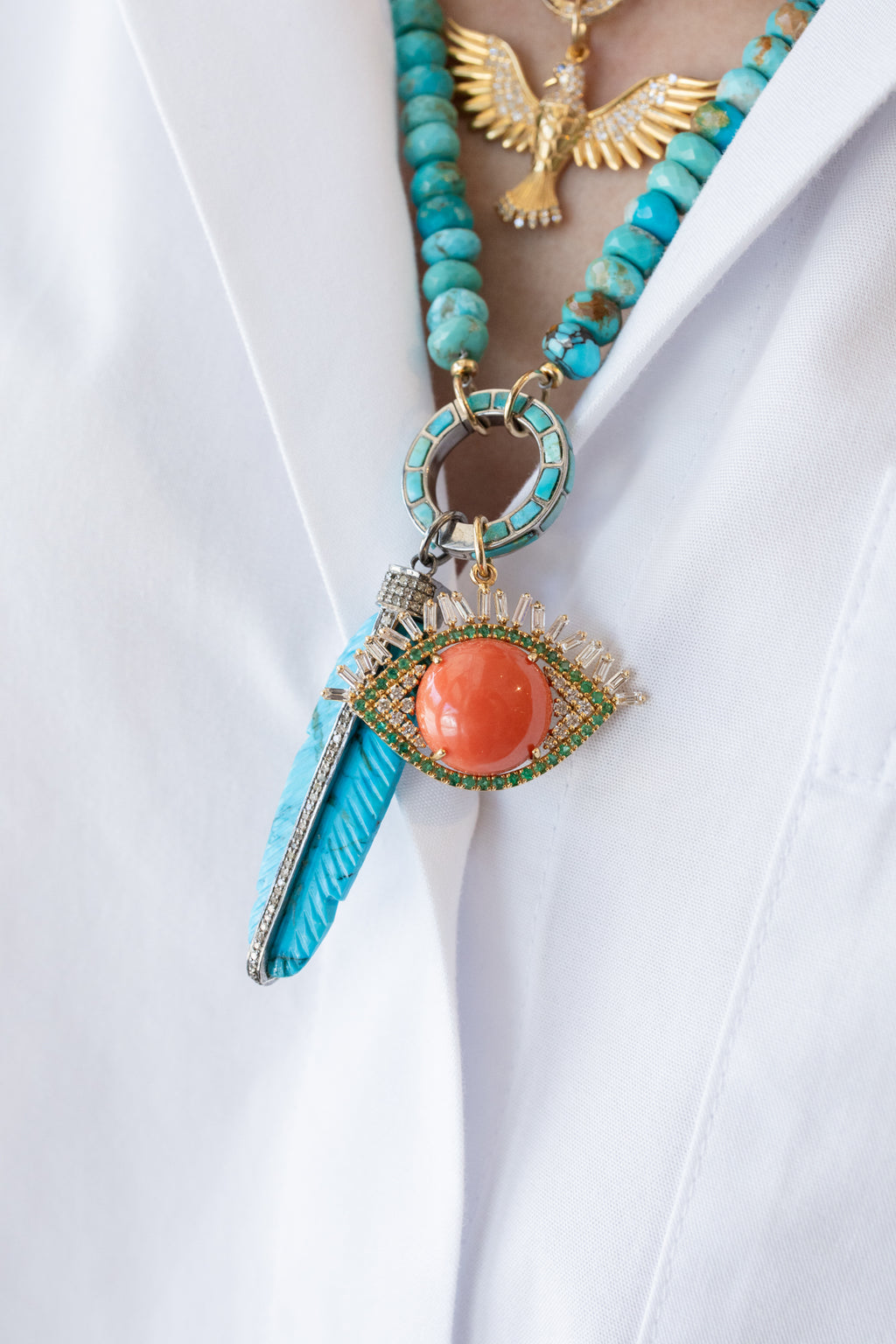 14K Gold Baguette Diamond Emerald Coral Evil Eye Charm