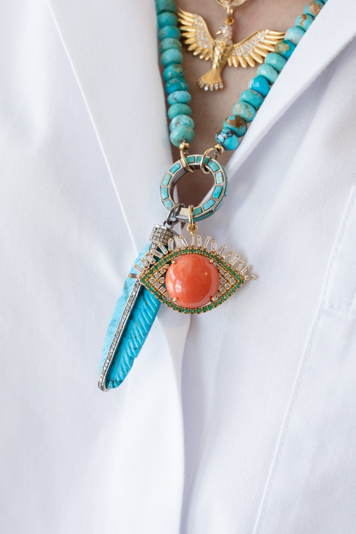 14K Gold Baguette Diamond Emerald Coral Evil Eye Charm