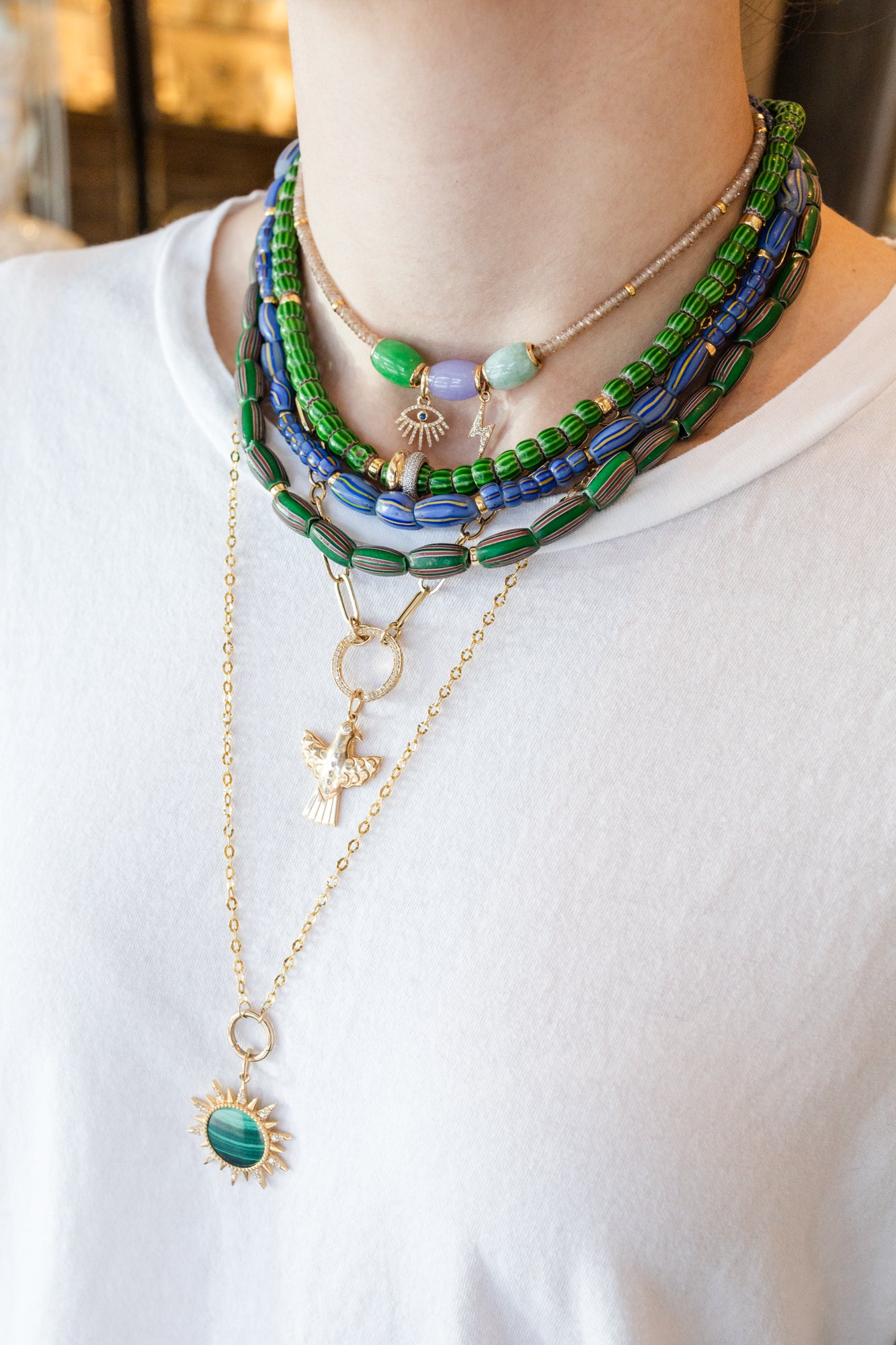 Green Watermelon Chevron African Glass Bead Necklace