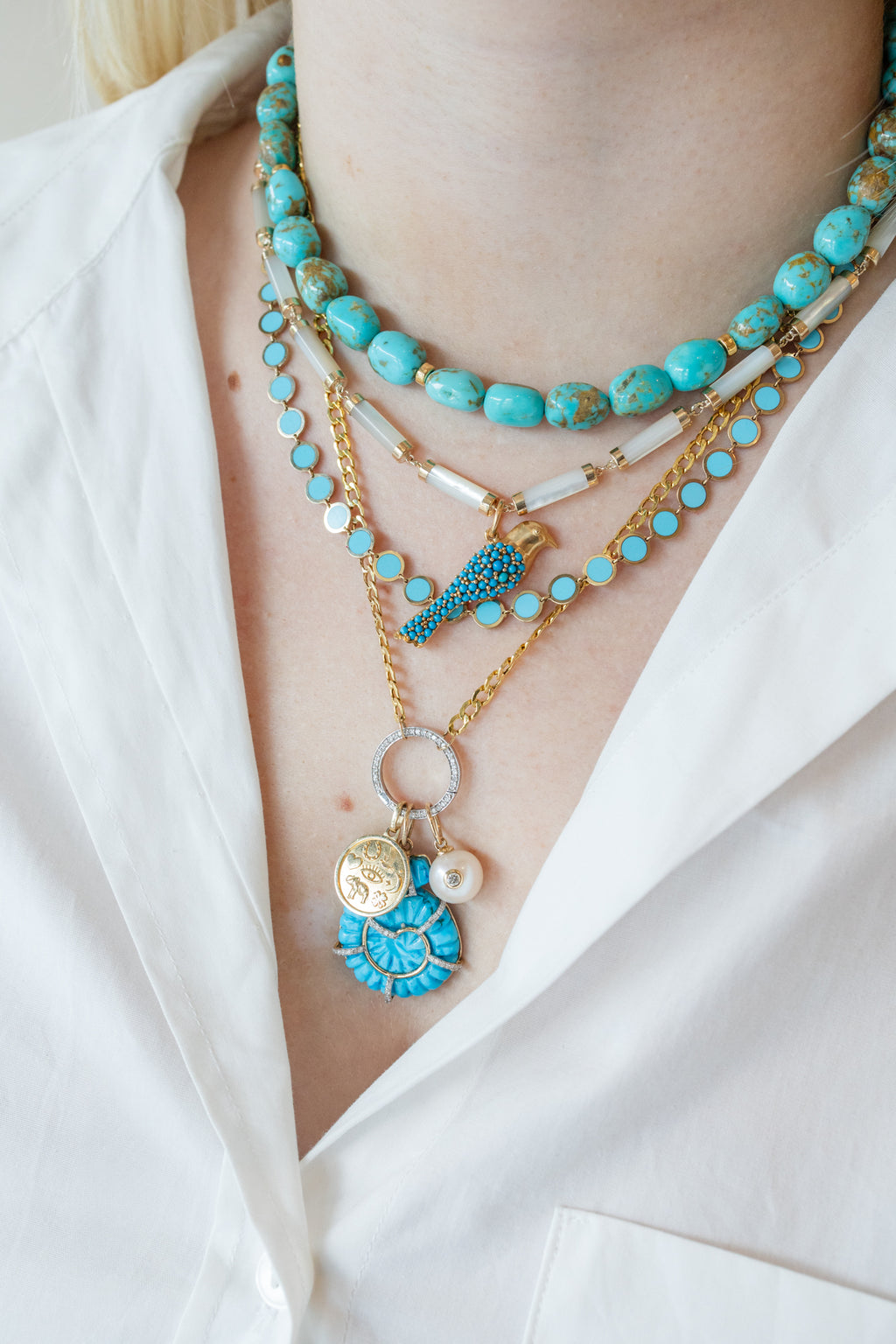 14K Gold Diamond Turquoise Carved Shell Pendant