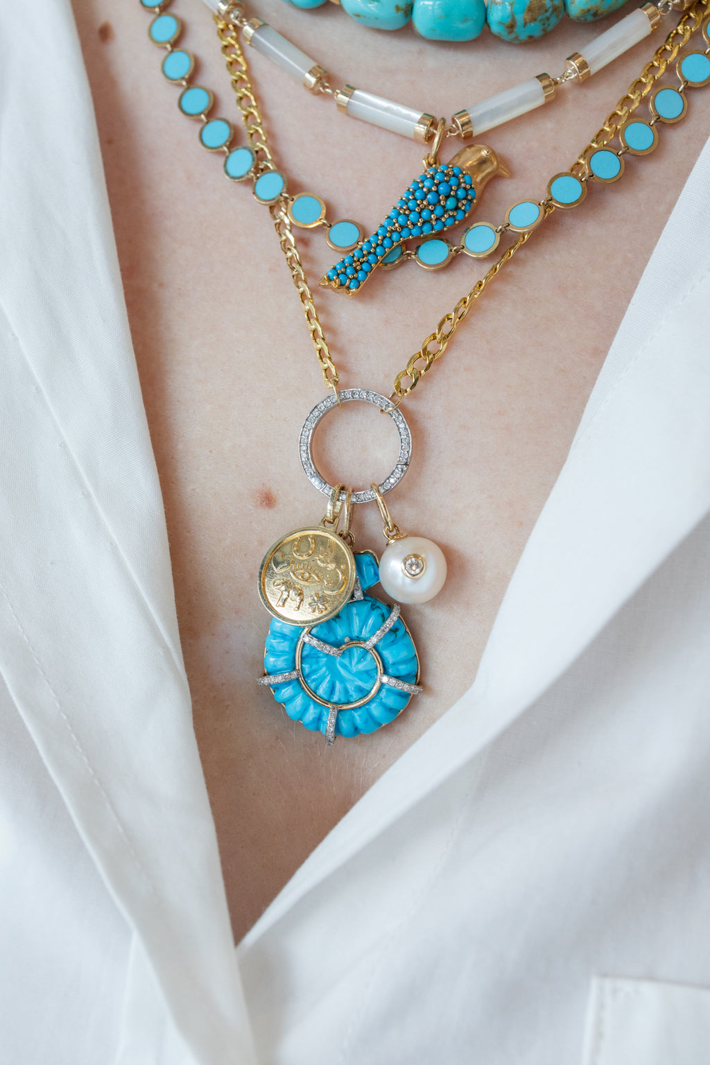 14K Gold Diamond Turquoise Carved Shell Pendant