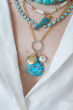 14K Gold Diamond Turquoise Carved Shell Pendant