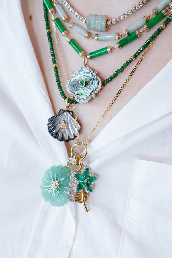14K Gold Diamond Emerald Flower Stem Charm