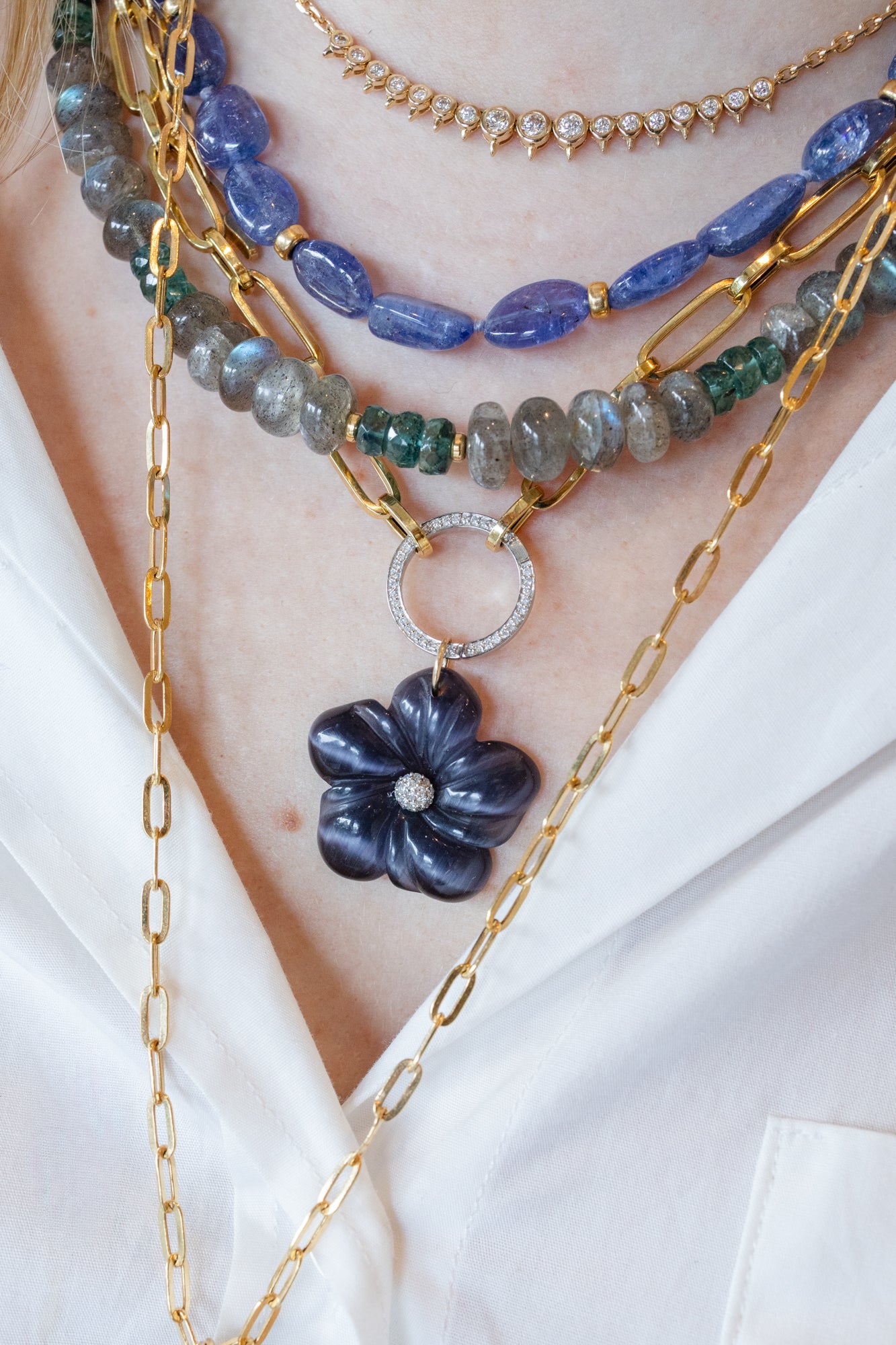 14K Gold Carved Iolite Flower Pendant