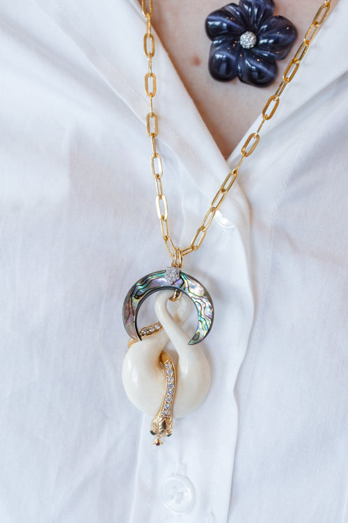 14K Gold Diamond Abalone Crescent Horn Charm