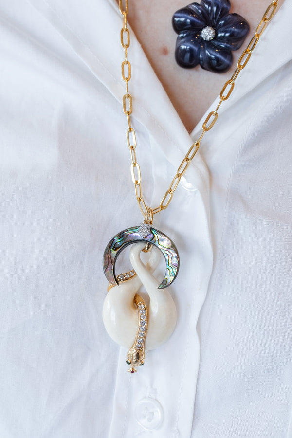 14K Gold Diamond Ivory Snake Pendant