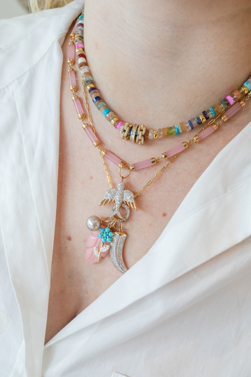 16" 14K Gold Pink Jade Tube Necklace