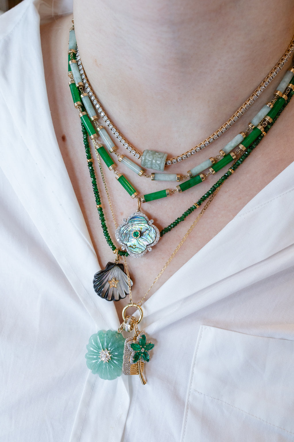 14K Gold Diamond & Emerald Clover Abalone Pendant