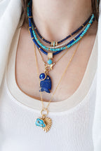 14K Gold Diamond Carved Lapis Fish Charm