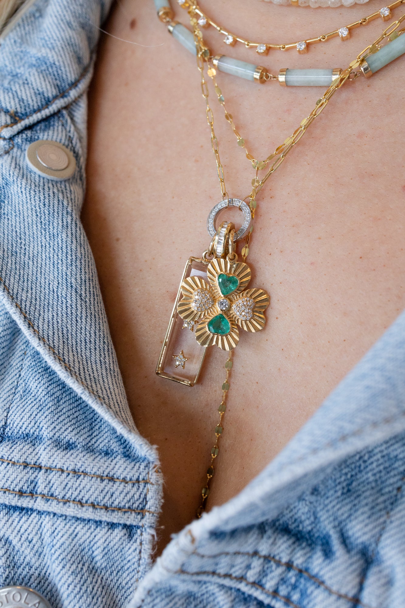 14K Gold Diamond & Emerald Four Leaf Clover Charm