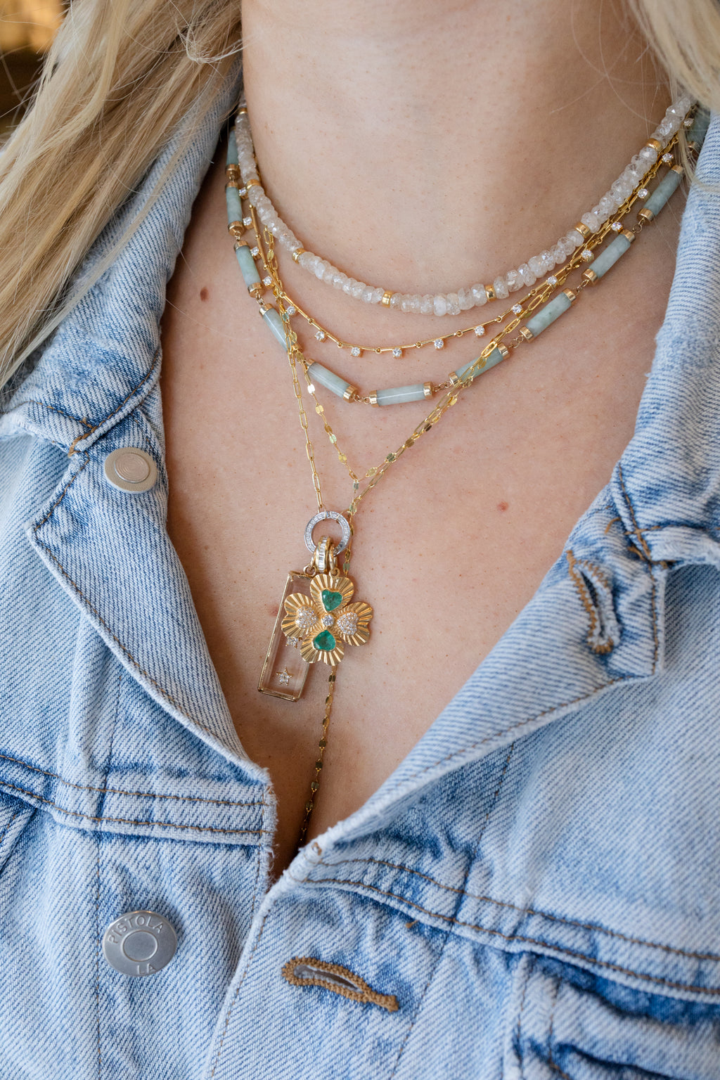 14K Gold Diamond & Emerald Four Leaf Clover Charm