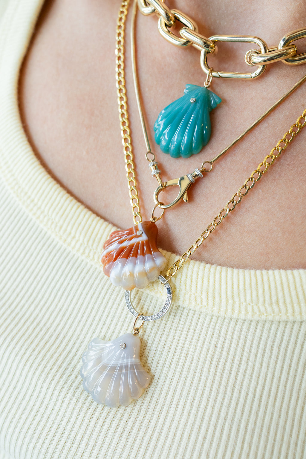 White Striped Orange Laguna Agate Scallop Shell Charm
