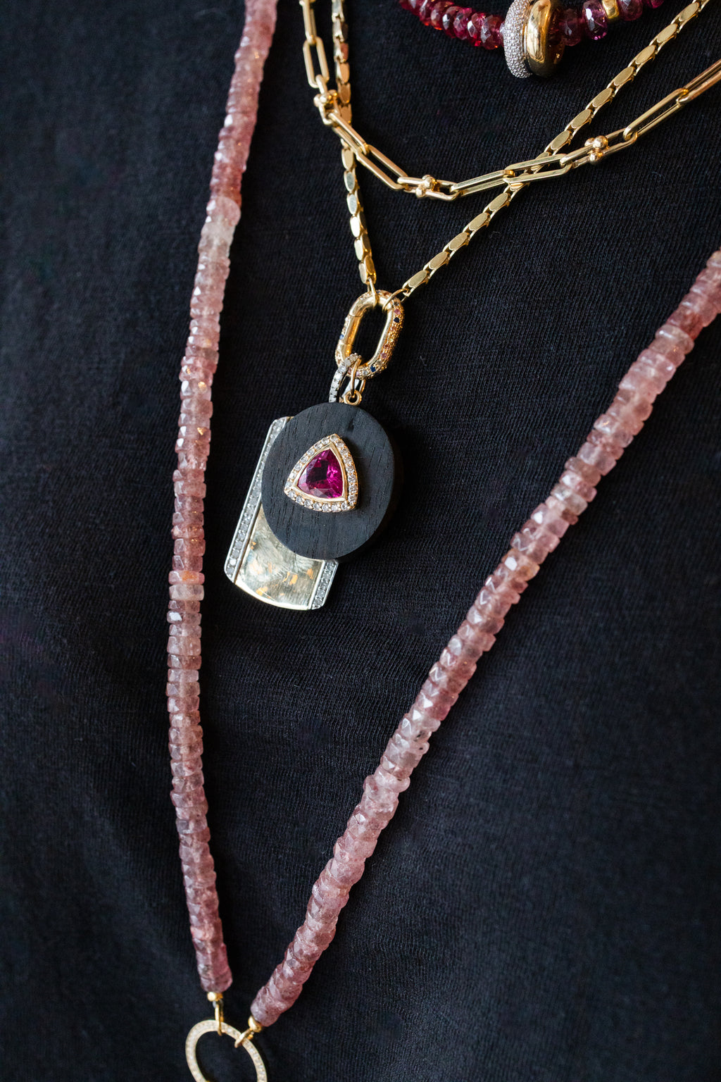 14K Gold Diamond Pink Tourmaline Wood Charm