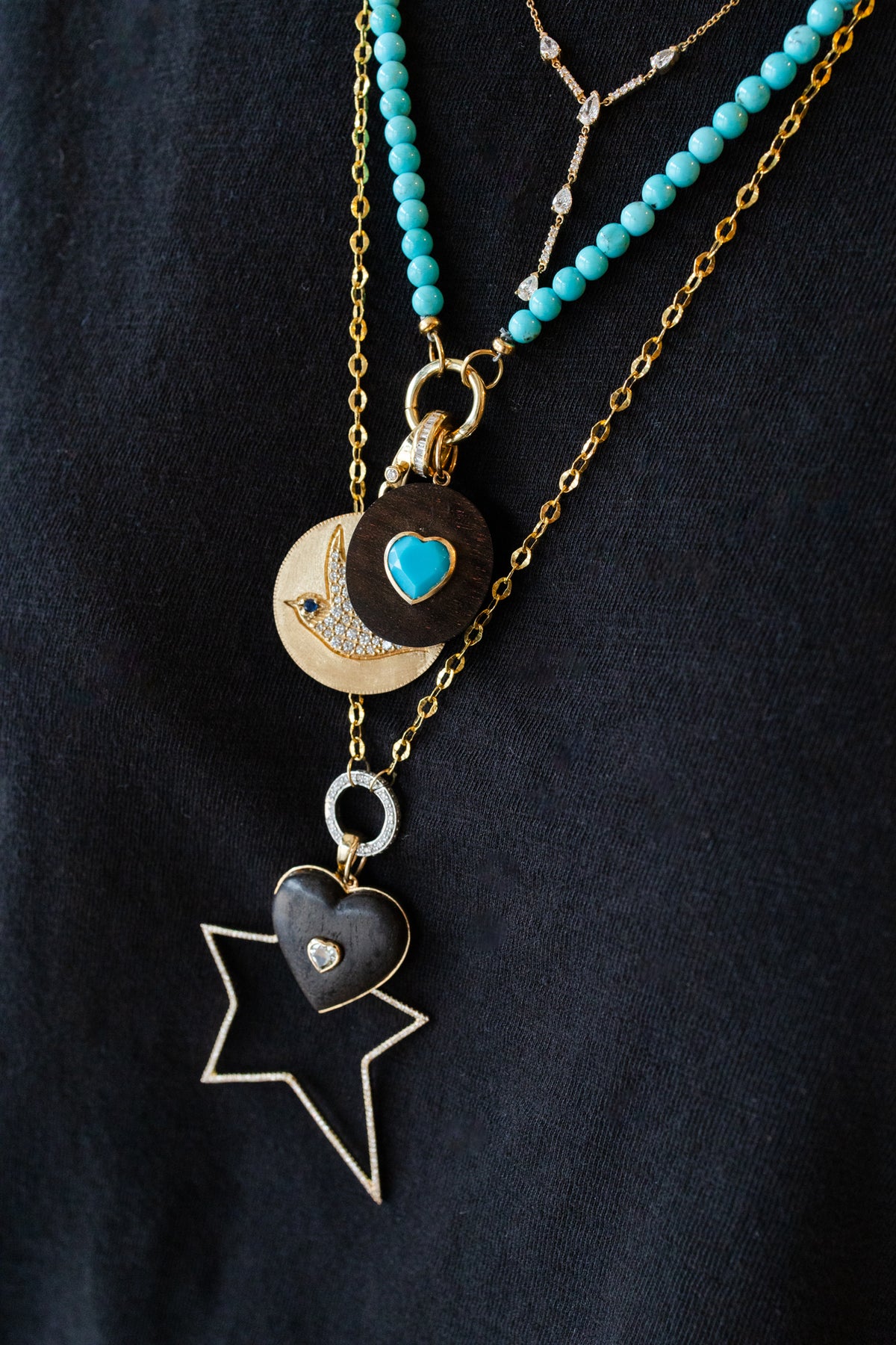 14K Gold Turquoise Heart Wood Charm