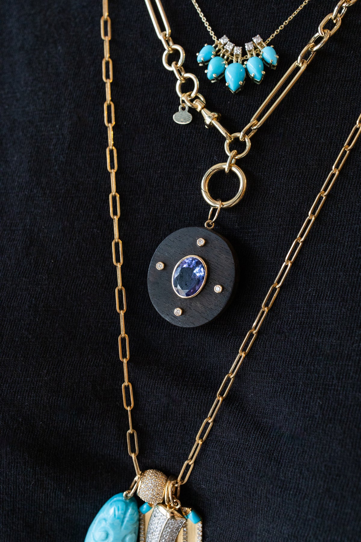 14K Gold Diamond Tanzanite Wood Charm