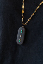 14K Gold Diamond Malachite Vertical Wood Charm