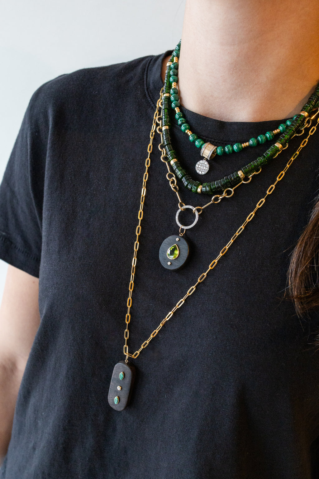 14K Gold Diamond Malachite Vertical Wood Charm