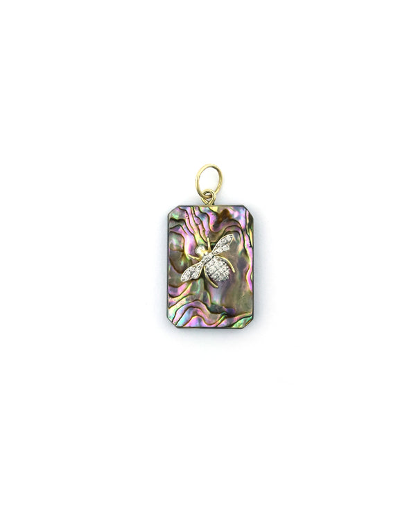 14K Gold Abalone Diamond Bee Dog Tag Pendant