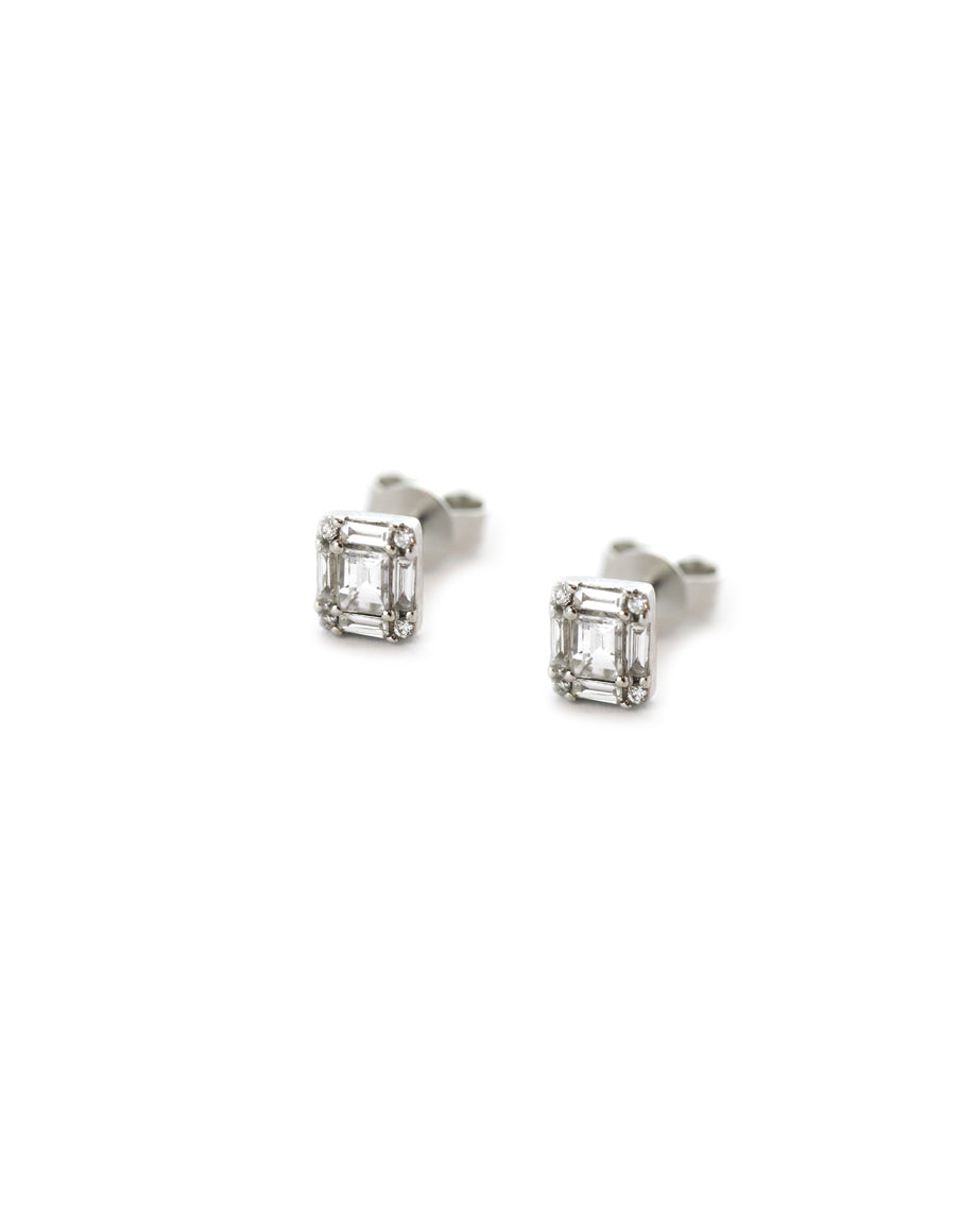 14K White Gold Baguette Diamond Square Studs