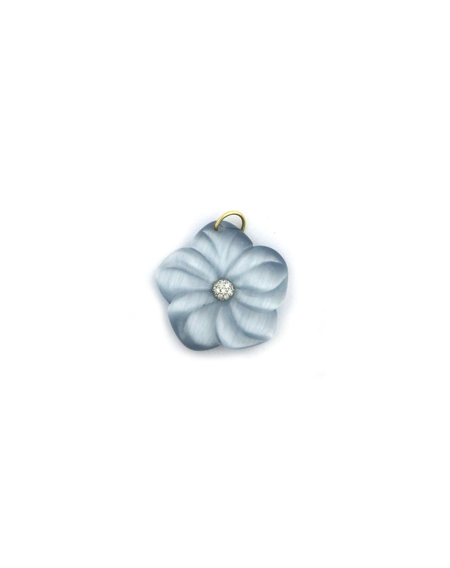 14K Gold Diamond Sky Blue Carved Cat's Eye Flower Charm