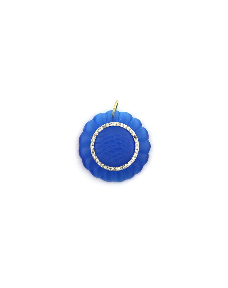 14K Gold Blue Carved Cat's Eye Diamond Flower Pendant