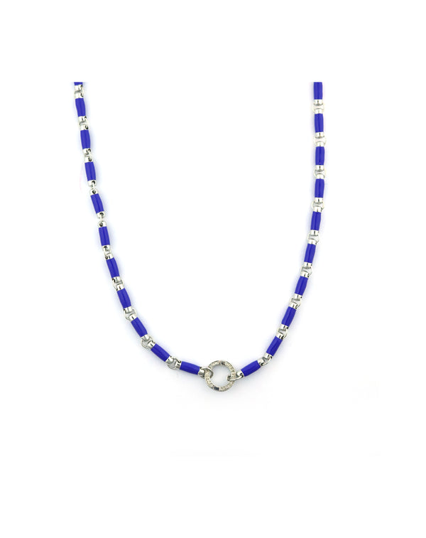 Silver Diamond Blue Enamel Lock Necklace