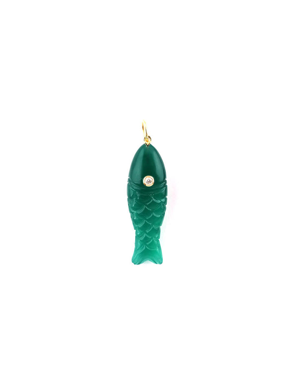 14K Gold Carved Green Onyx Diamond Fish Charm