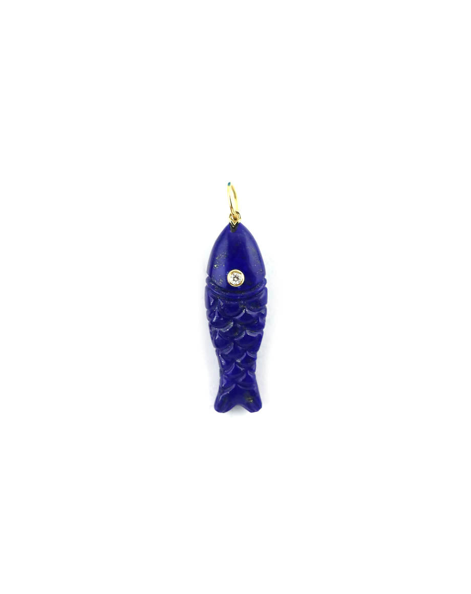 14K Gold Carved Diamond Lapis Fish Charm