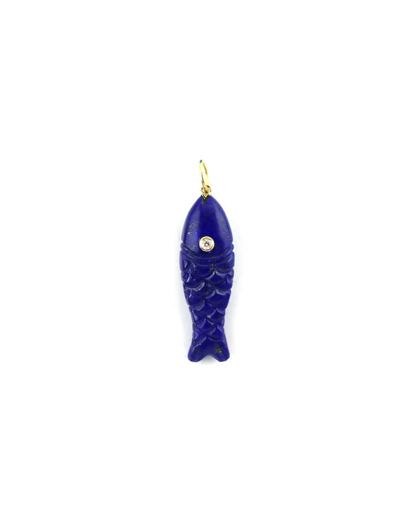 14K Gold Carved Diamond Lapis Fish Charm