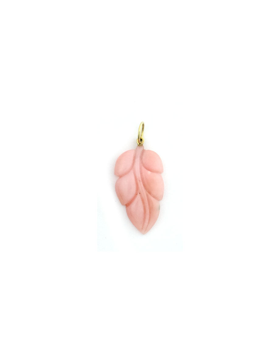 14K Gold Pink Carved Opal Leaf Charm