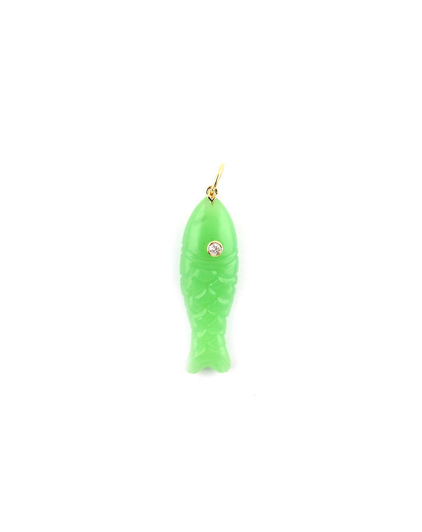 14K Gold Carved Chrysoprase Diamond Fish Charm