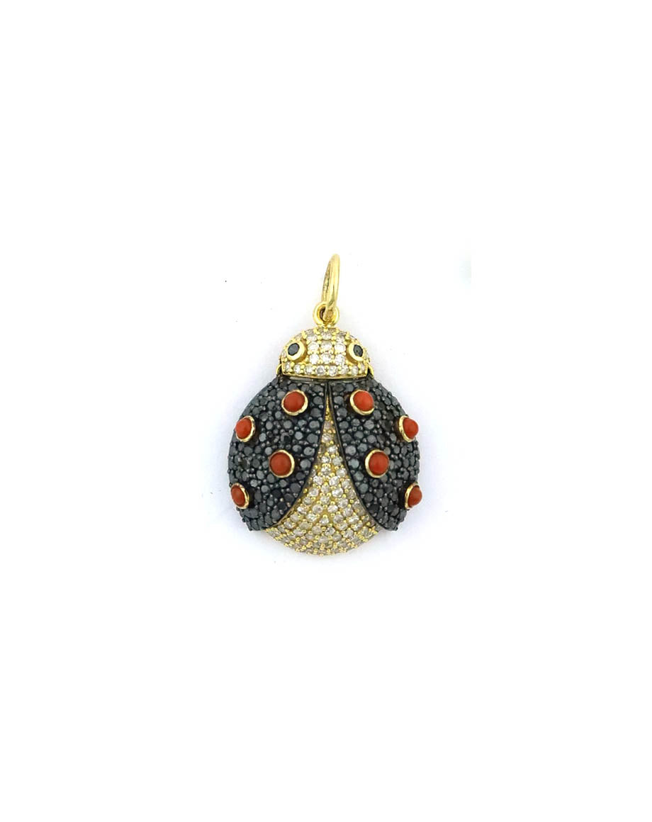 14K Gold Black Diamond Coral Ladybug Charm