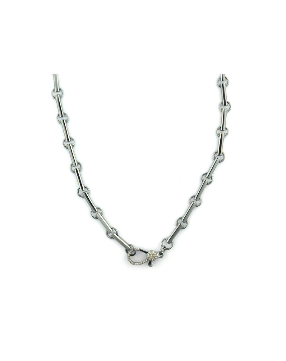 15" Dark Silver Bar + Round Link Lobster Clasp Lock Necklace