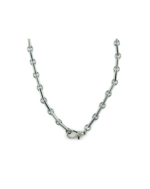 15" Dark Silver Bar + Round Link Lobster Clasp Lock Necklace