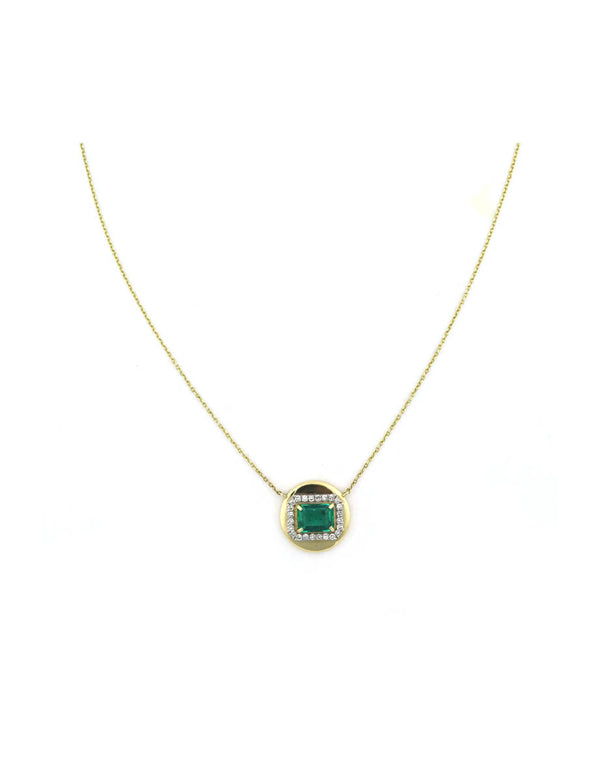 14K Gold Emerald Diamond Disk Necklace