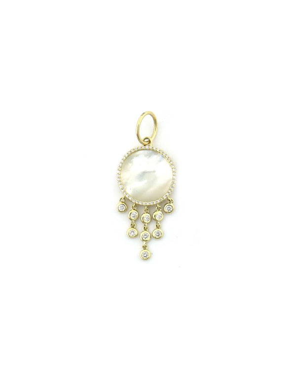 14K Gold Mother of Pearl Diamond Tassel Disk Charm